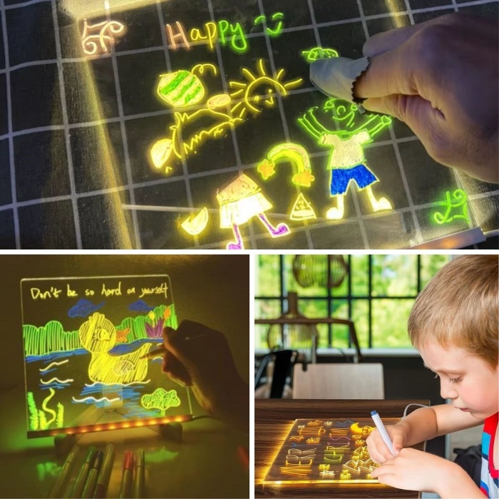 Biomak® LED Işıklı Kendiliğinden Renkli Fosforlu Kalemli Kare Yazı Panosu 20x20 cm