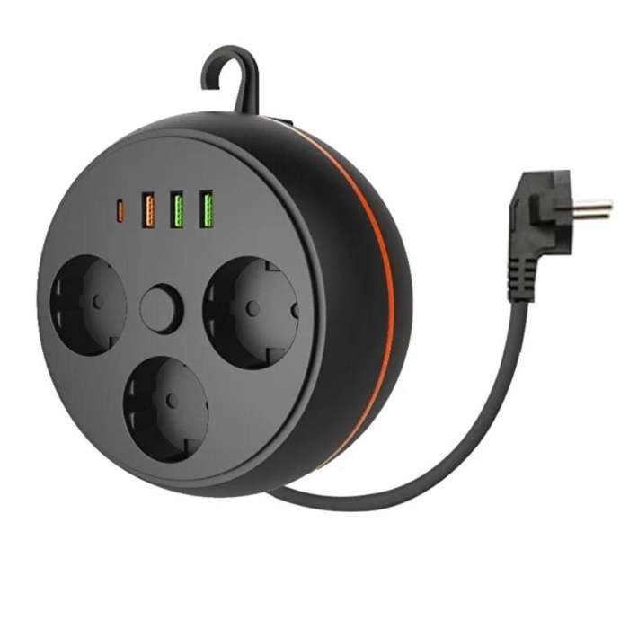 Biomak® 3 Adet Soket,3 Adet USB ve 1 Adet Type-C Girişli Termal Akım Korumalı Makaralı Priz 3395