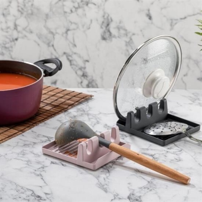 Biyomak® Tencere Kapak Tutuculu Kaşıklıklı Tencere Kapak Standı Pratik Kaşık Kepçe Altlık Düzenleyici