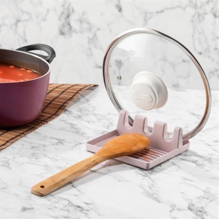 Biyomak® Tencere Kapak Tutuculu Kaşıklıklı Tencere Kapak Standı Pratik Kaşık Kepçe Altlık Düzenleyici