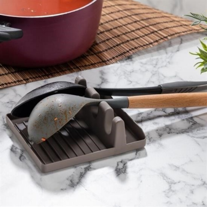 Biyomak® Tencere Kapak Tutuculu Kaşıklıklı Tencere Kapak Standı Pratik Kaşık Kepçe Altlık Düzenleyici