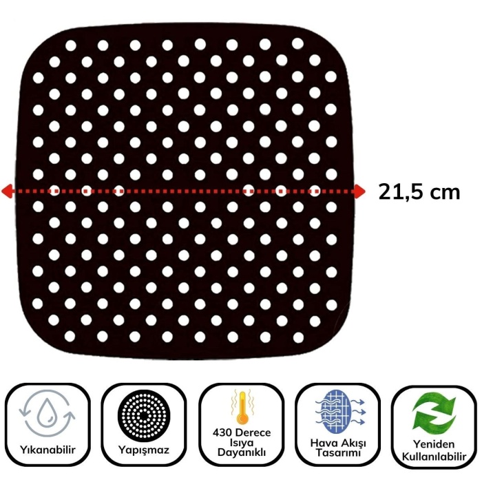 Biyomak® Siyah Isıya Dayanıklı Yıkanılabilir Silikon Fırın Ve Airfryer Kare Model Pişirme Matı 21,5 Cm