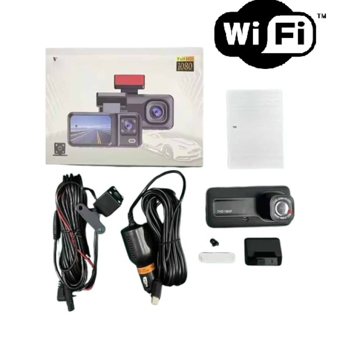 Araç Kamerası 3 Kameralı Wifi Ön İç ve Arka Full HD DVR Araç İçi Ekranlı Kamera