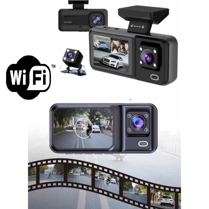 Araç Kamerası 3 Kameralı Wifi Ön İç ve Arka Full HD DVR Araç İçi Ekranlı Kamera