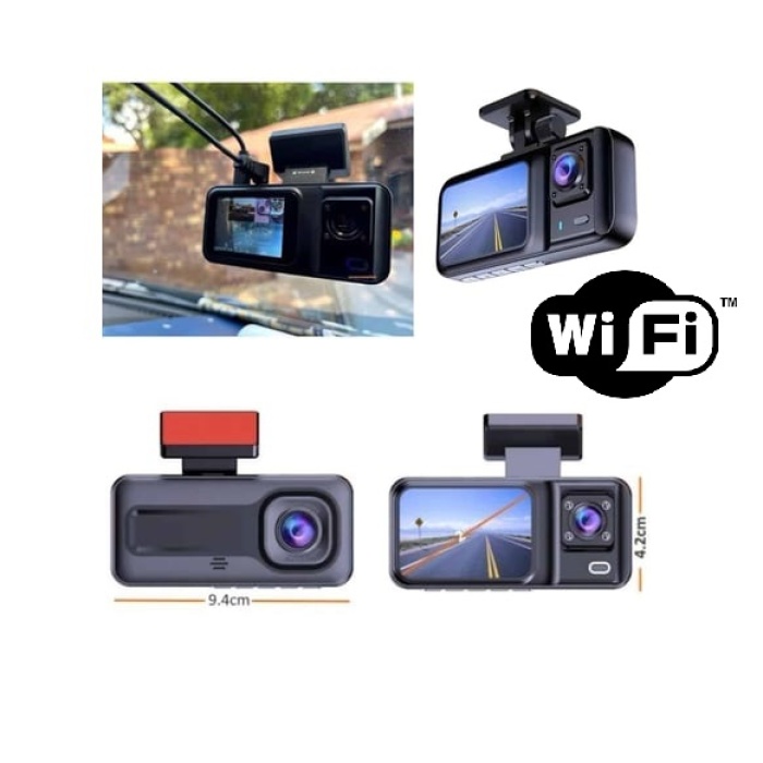 Araç Kamerası 3 Kameralı Wifi Ön İç ve Arka Full HD DVR Araç İçi Ekranlı Kamera