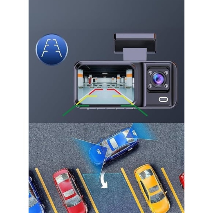 Araç Kamerası 3 Kameralı Wifi Ön İç ve Arka Full HD DVR Araç İçi Ekranlı Kamera