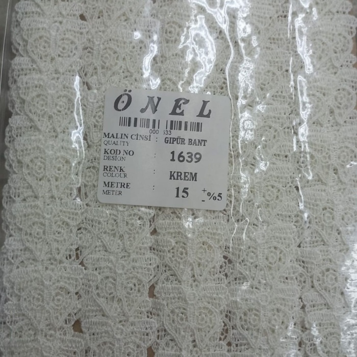 ® Dantel Polyester Güpür Bant Krem 15 Metre En 6 cm ON-1639-KR
