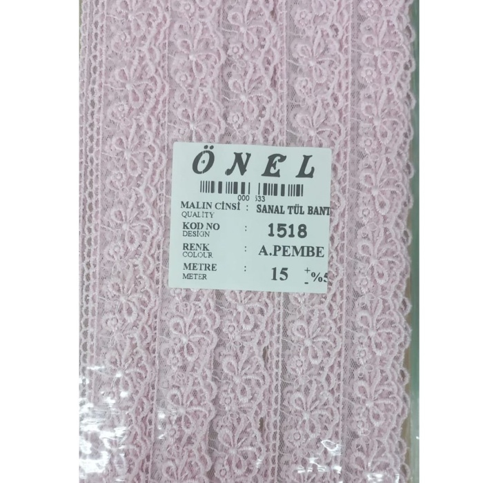 ® Dantel Polyester Sanal Tül Bant Açık Pembe 15 Metre En 3 cm ON-1518-AP