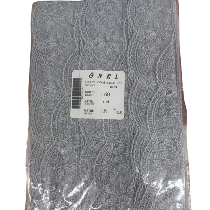 ® Dantel Polyester Sanal Tül Bant Gri 20 Metre En 6 cm ON-60-G