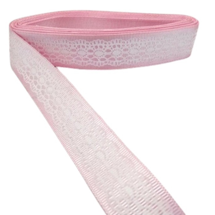 ® Tafta Dantel Görünümlü Kurdele Pembe 25 mm 10 Metre