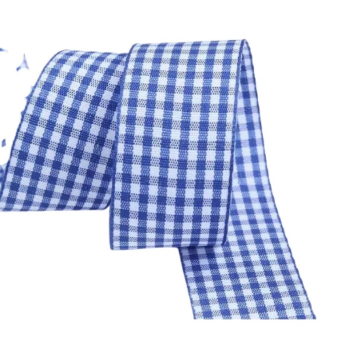 ® Tafta Ekoseli Kurdele 25 mm İndigo 1 Metre