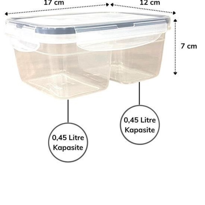®  2 Bölmeli 0,45+0,45 Litre Kilitli Kapaklı Erzak Saklama Kabı LC-524