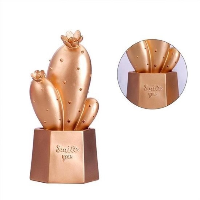 ®  Led Işıklı Sevimli Kaktüs Dekoratif Masa Lambası Mini Biblo Gece Lambası Gold