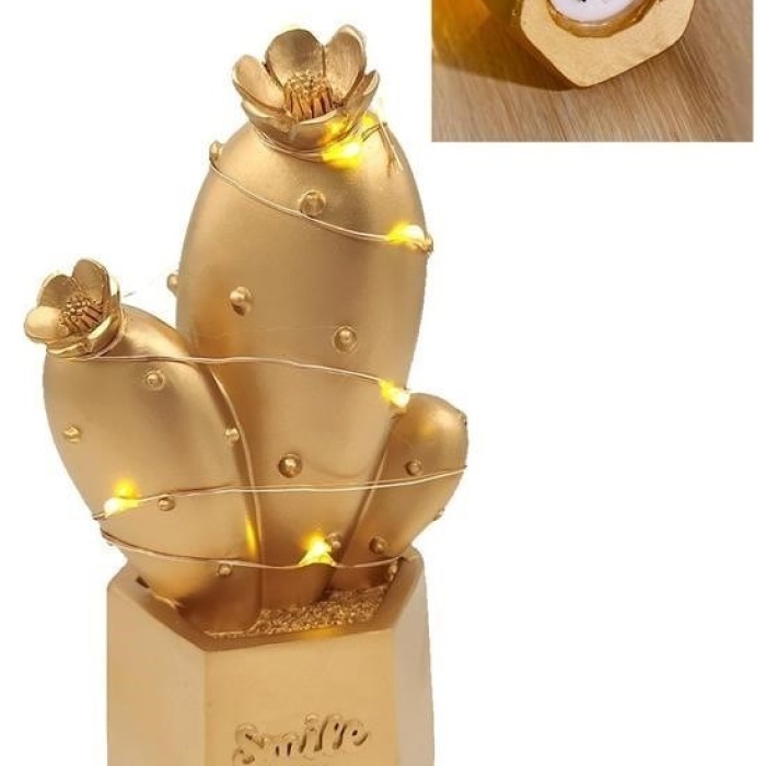 ®  Led Işıklı Sevimli Kaktüs Dekoratif Masa Lambası Mini Biblo Gece Lambası Gold