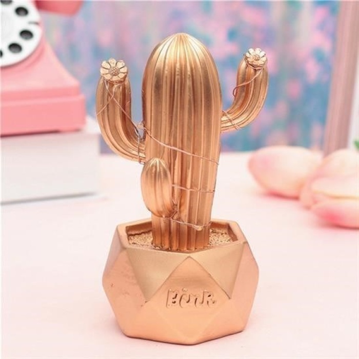 ®  Led Işıklı Sevimli Kaktüs Dekoratif Masa Lambası Mini Biblo Gece Lambası-GOLD