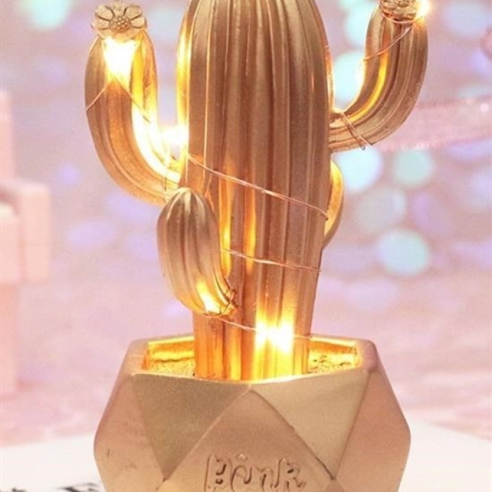 ®  Led Işıklı Sevimli Kaktüs Dekoratif Masa Lambası Mini Biblo Gece Lambası-GOLD
