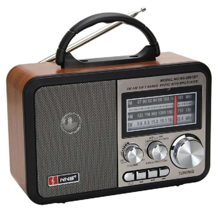 Biyomak®  Orta Boy Retro, Nostaljik, Ahşap Tasarım Bluetooth Hoparlörlü, Şarjlı, Taşınabilir FM/AM Destekli Radyo NS-8897