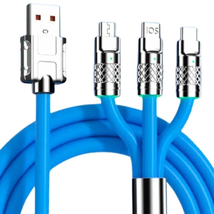 Biyomak® Kutulu  3 Şarj Aleti 1 Arada Çinko Alaşım Hızlı Şarj Kablosu Mavi 3 in 1