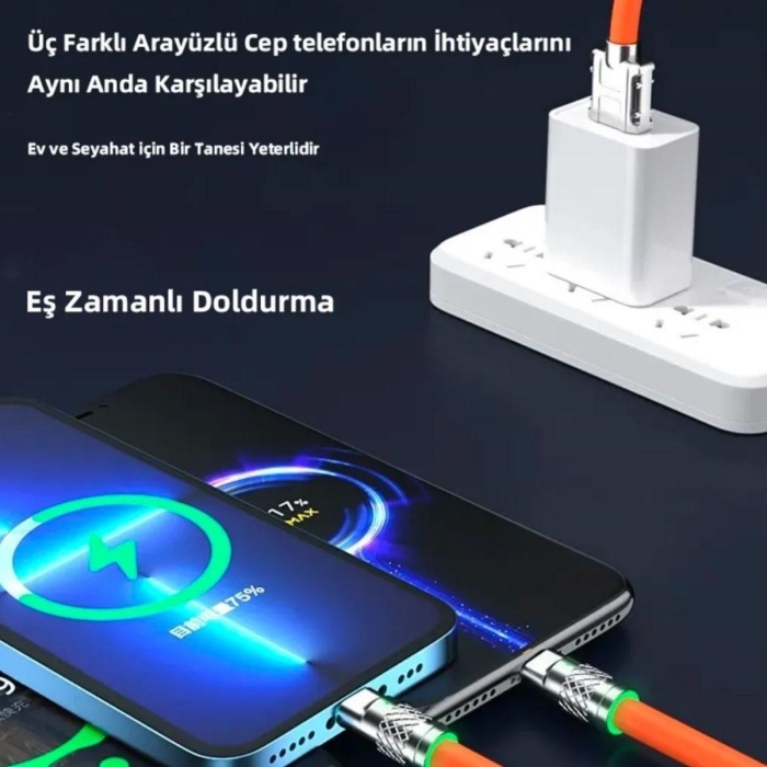 Biyomak®  3 in 1 Type-C + Micro Usb + Lightning Hızlı Şarj Kablosu Silikon Kablo 1 Metre Opp Ambalaj