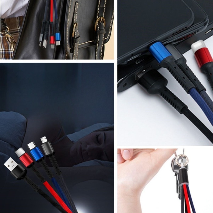 Biyomak®  Işıklı Anahtarlık Model 3 in 1 USB Çıkışlı MİKRO,TYPE-C ve İphone Uyumlu Şarj Kablosu