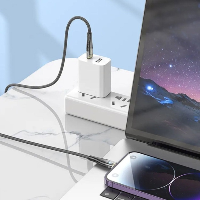 Biyomak®  Led Işık Uçlu Sağlam İp Kablolu USB to Lightning Hızlı Şarj Kablosu