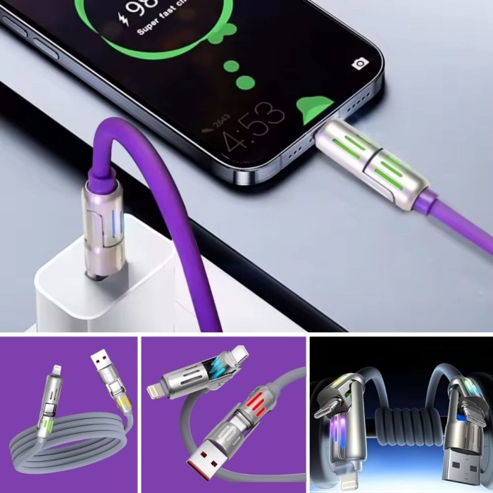 Biyomak®  4ü 1arada Hızlı Şarj Etme Özellikli Bir Ucu TYPE-C ve USB-A Diğer Ucu TYPE-C ve Lightning Uçlu 240W Şarj Kablosu