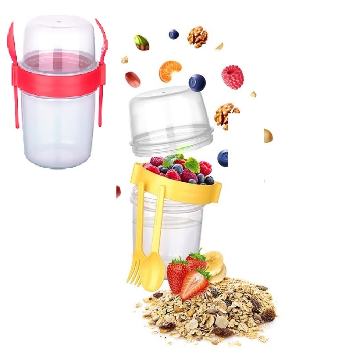 ® Çift Hazneli - Çatal Kaşıklı Portatif Müsli -Atıştırmalık Kabı 1100 ML