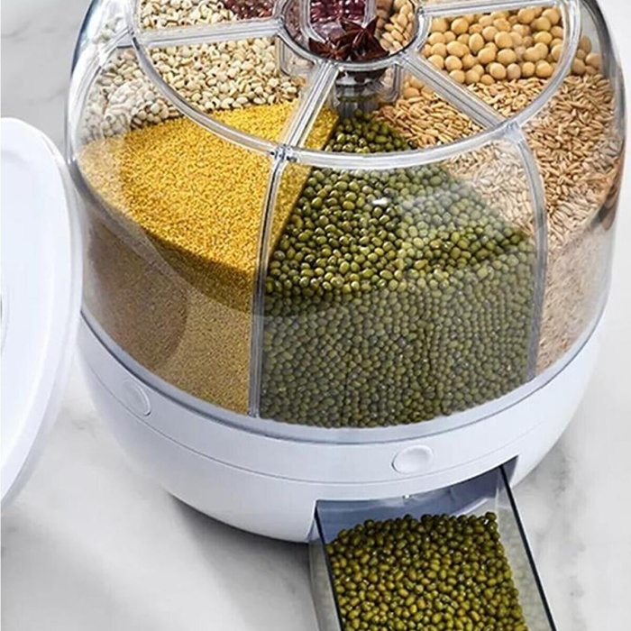 ® 360° Dönebilen Kuru Gıda Ve Bakliyat Organizeri 6 Bölmeli Hava Geçirmez Saklama Kabı 6 lt