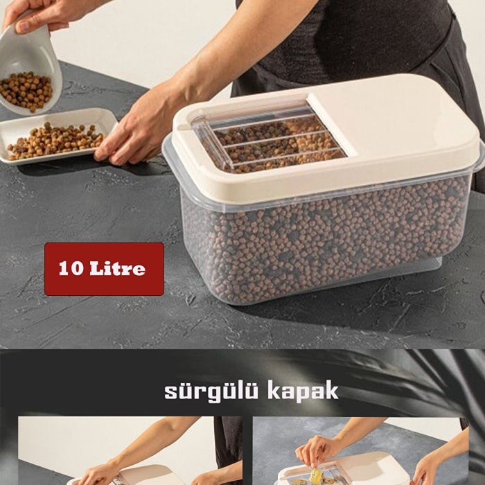® Sürgülü Kapaklı 10 LT Erzak Bakliyat Un Şeker Saklama Kabı