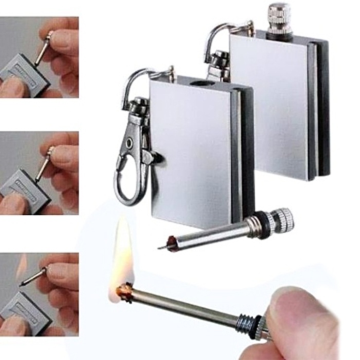 Biyomak® Benzinli Kibrit Çakmak Magnezyum Çubuklu Anahtarlıklı Benzinli Metal Kibrit Gümüş