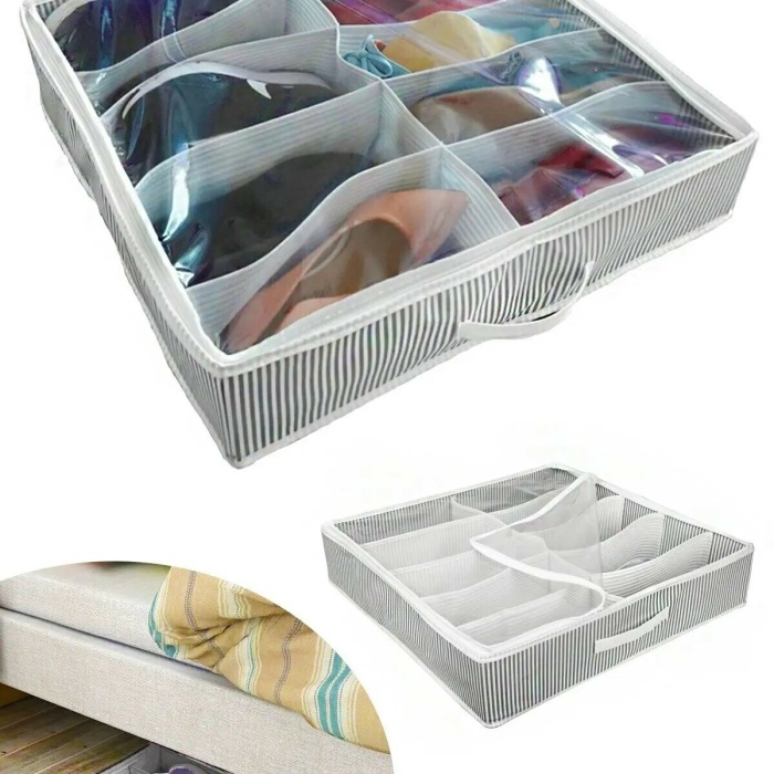 Biyomak® Ayakkabı Saklama Çantası 12 Bölmeli Shoes Under Ayakkabı Hurcu - Siyah Beyaz