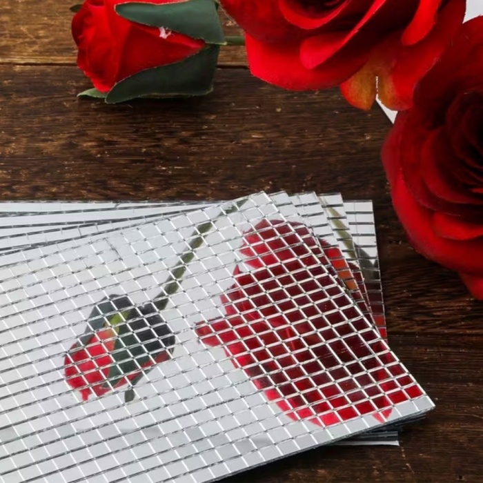 Biyomak® Kare Silver Cam Mozaik Fayans Çıkartmaları El İşi Kare Cam Fayans Kendinden Yapışkanlı Aynalı Dekor Panel 30x30 Cm