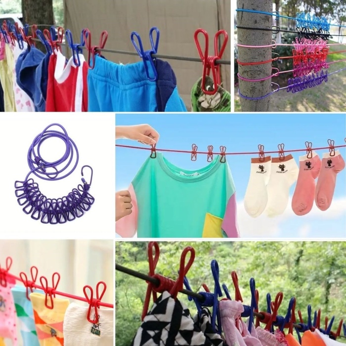 ® Taşınabilir Seyahat Çamaşır İpi 12 Mandallı Klipsli Lastikli Çamaşır Mandalları