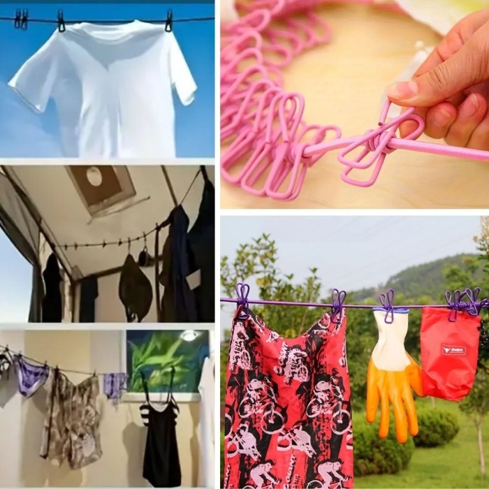 ® Taşınabilir Seyahat Çamaşır İpi 12 Mandallı Klipsli Lastikli Çamaşır Mandalları