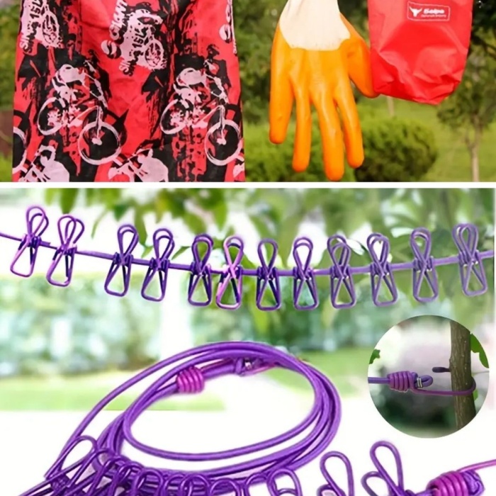 ® Taşınabilir Seyahat Çamaşır İpi 12 Mandallı Klipsli Lastikli Çamaşır Mandalları