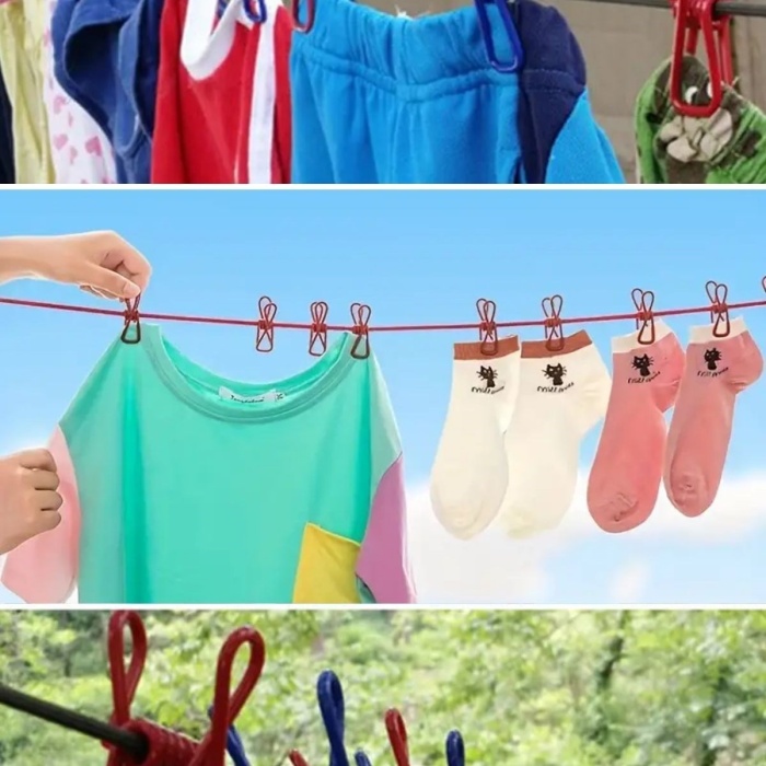 ® Taşınabilir Seyahat Çamaşır İpi 12 Mandallı Klipsli Lastikli Çamaşır Mandalları