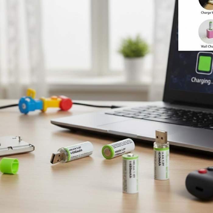 Biyomak® USB Şarjlı 1450mAh AA 1.2V Lityum Kalem Pil – 4lü Set, Tekrar Şarj Edilebilir Uzun Ömürlü Dönüştürülebilir Batarya