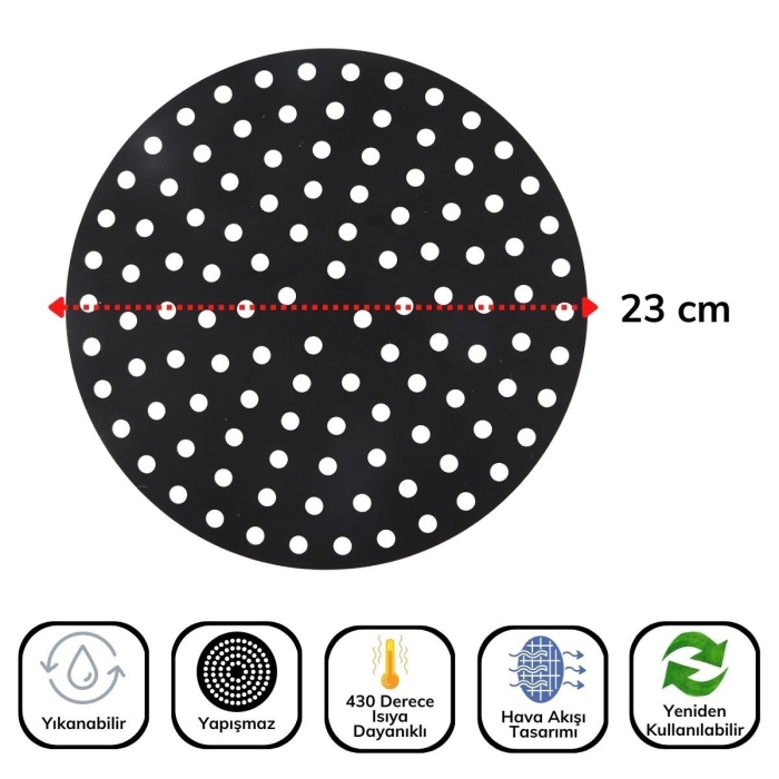 ® Siyah Isıya Dayanıklı Yıkanılabilir Silikon Fırın Ve Airfryer Yuvarlak Model Pişirme Matı 23 Cm