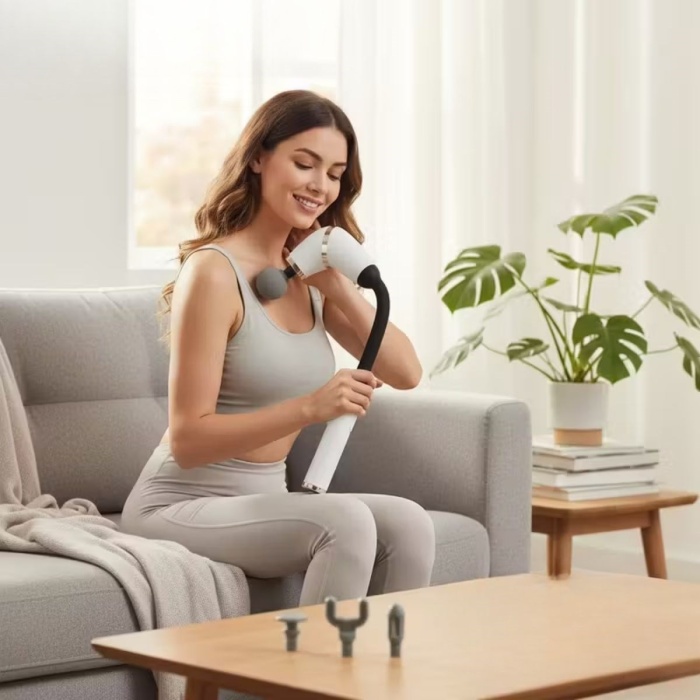 ® 4 Farklı Başlıklı Uzun Saplı Derin Doku Masaj Tabancası, Boyun, Omuz ve Sırt için Ergonomik Saplı Çoklu Masaj Modlu Taşınabilir Masaj Aleti