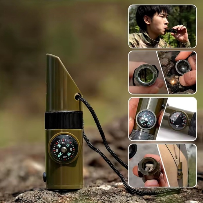 ® 7si 1arada Acil Durum Düdüğü,El Feneri, Termometre,Pusula,Büyüteç,Depolama Bölmeli Kampçı Düdüğü