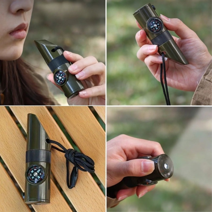 ® 7si 1arada Acil Durum Düdüğü,El Feneri, Termometre,Pusula,Büyüteç,Depolama Bölmeli Kampçı Düdüğü