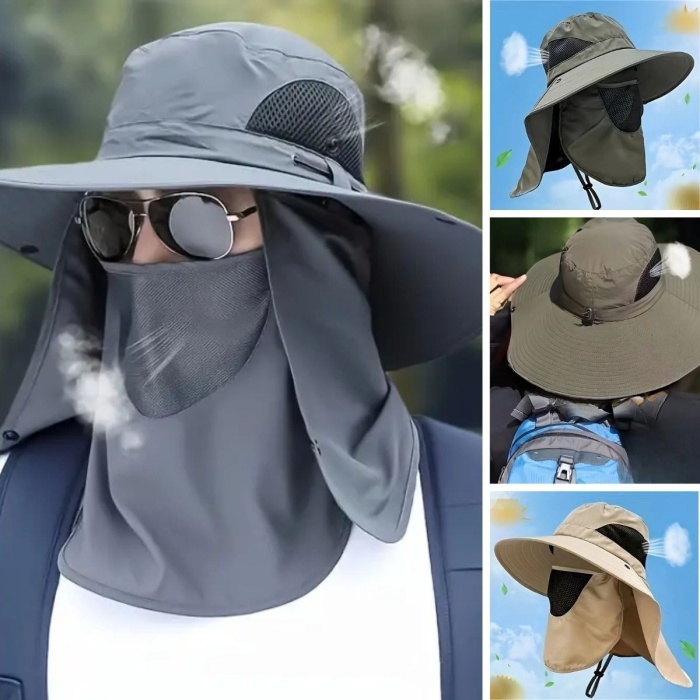 ® Güneş Koruyuculu Nefes Alabilen Maskeli ve Boyun Kapaklı Geniş Kenarlı Balıkçı Şapkası
