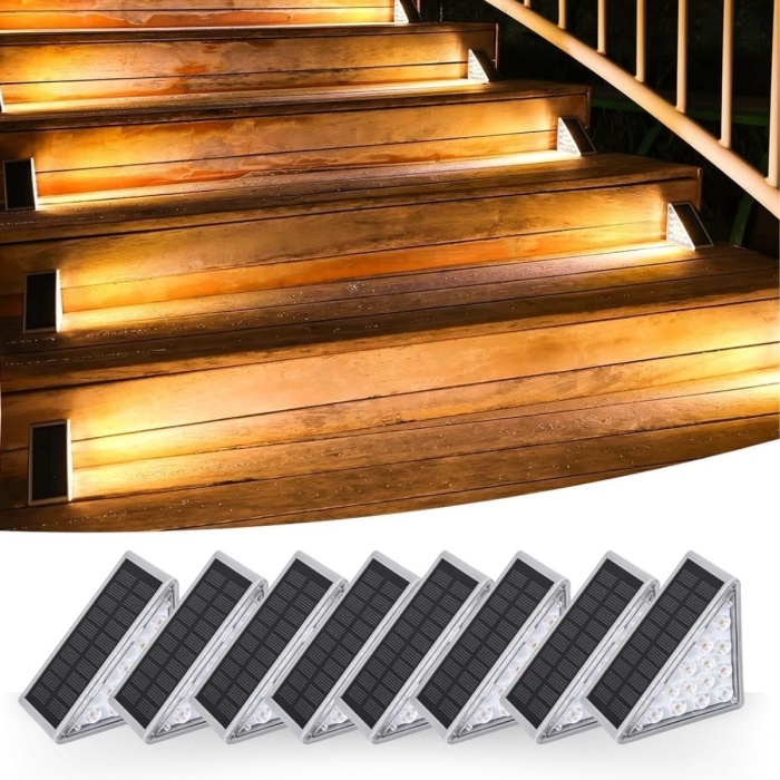 Biyomak® 8 Adet Üçgen  Güneş Enerjisi ile Şarj Olan Dış Mekan Solar Basamak Köşe Lambası