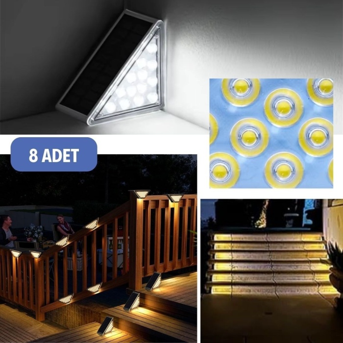 Biyomak® 8 Adet Üçgen  Güneş Enerjisi ile Şarj Olan Dış Mekan Solar Basamak Köşe Lambası