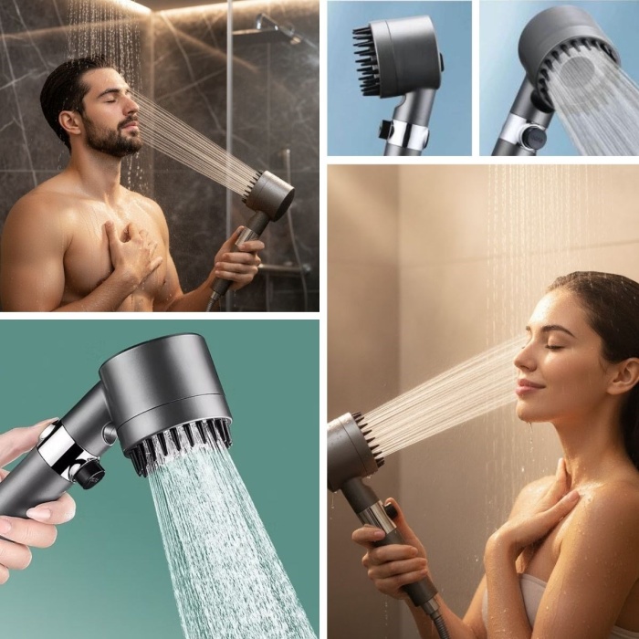 Biyomak® 3 Kademeli Turbo Basınçlı Masaj Başlıklı Silikon Fırçalı Duş Başlığı – Yüksek Basınçlı Su Tasarruflu Duş Başlığı