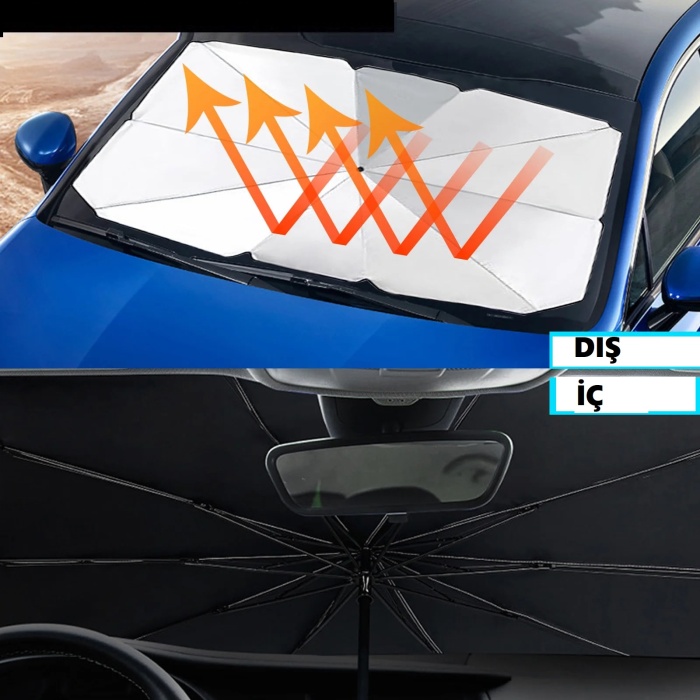 ® Katlanabilir Araç Ön Camı Güneş Koruyucu Gölge Şemsiye Araba Şemsiyesi (130x75 Cm)