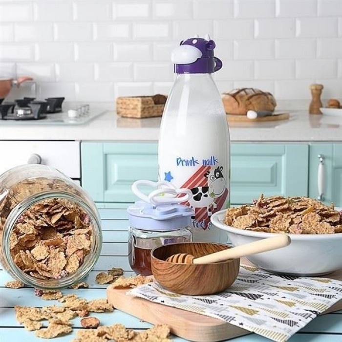 Biyomak® İnek Tasarımlı Sevimli Cam Suluk - Süt Şişesi 1000 ML