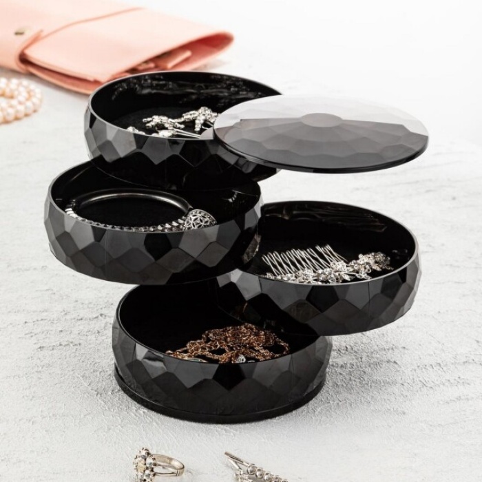 ® 360 Derece Dönebilen 4 Katlı Takı Toka Küpe Bileklik Organizer Siyah