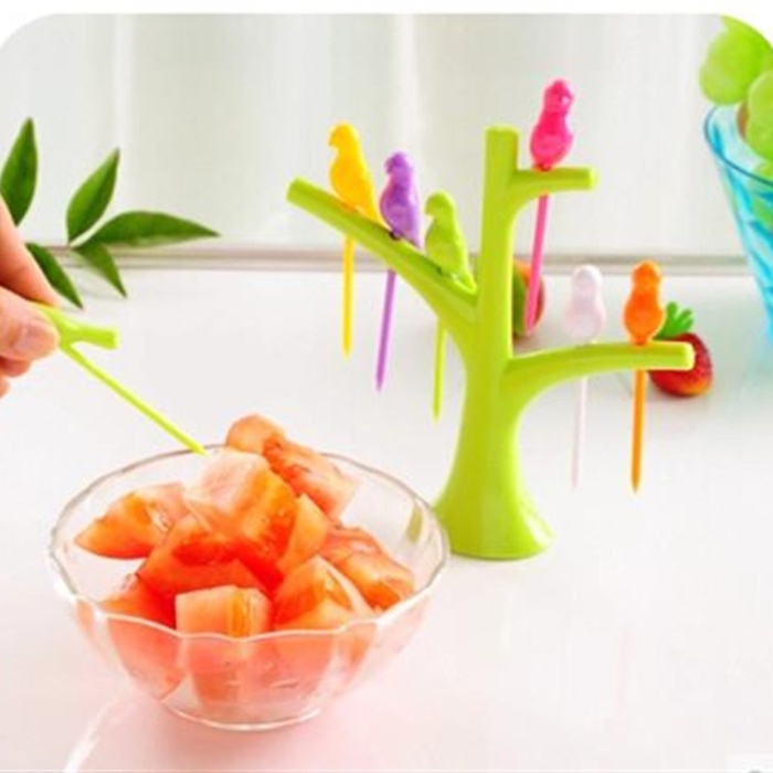 ® Ağaç Stantlı Kuş Şeklinde 6 adet Kokteyl Kürdan Seti