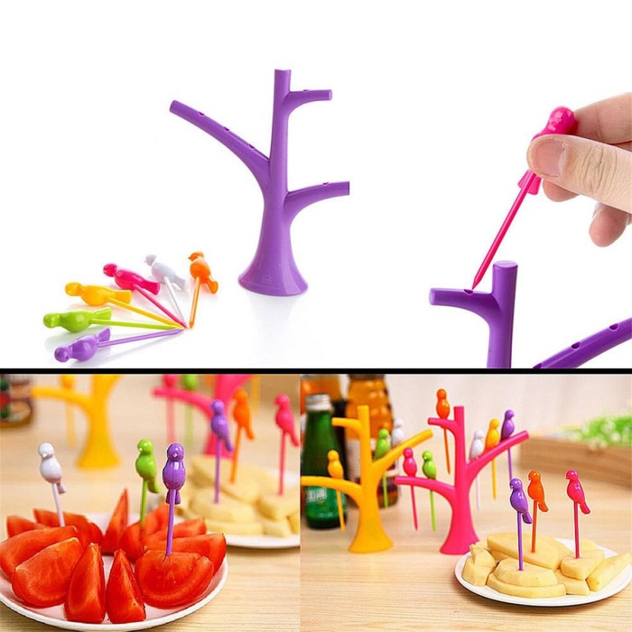 ® Ağaç Stantlı Kuş Şeklinde 6 adet Kokteyl Kürdan Seti